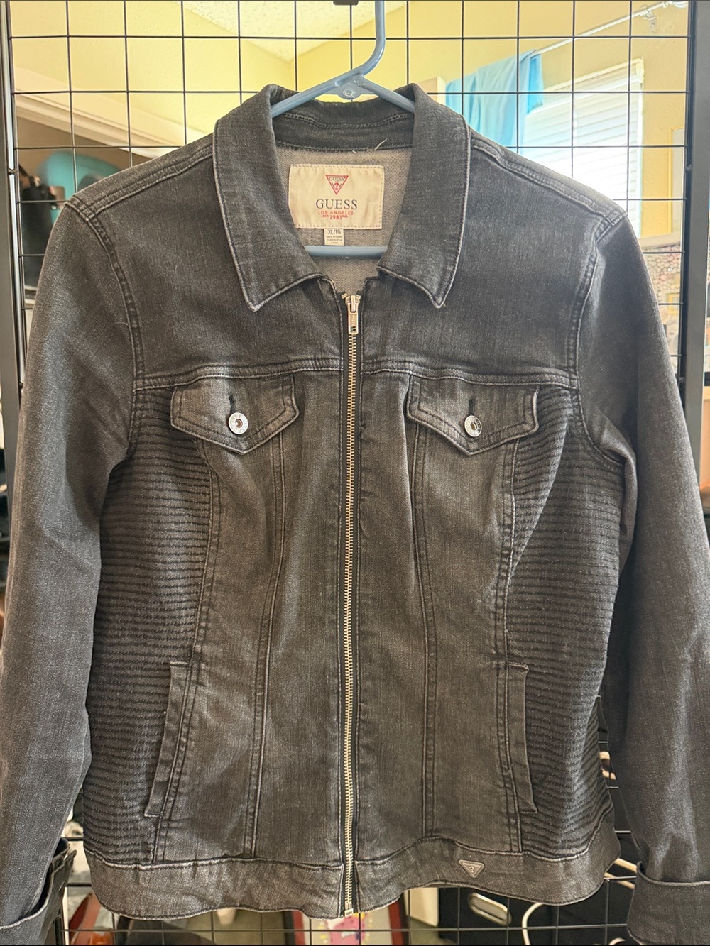 Y2K GUESS Washed Black Zip-Front Denim Jacket